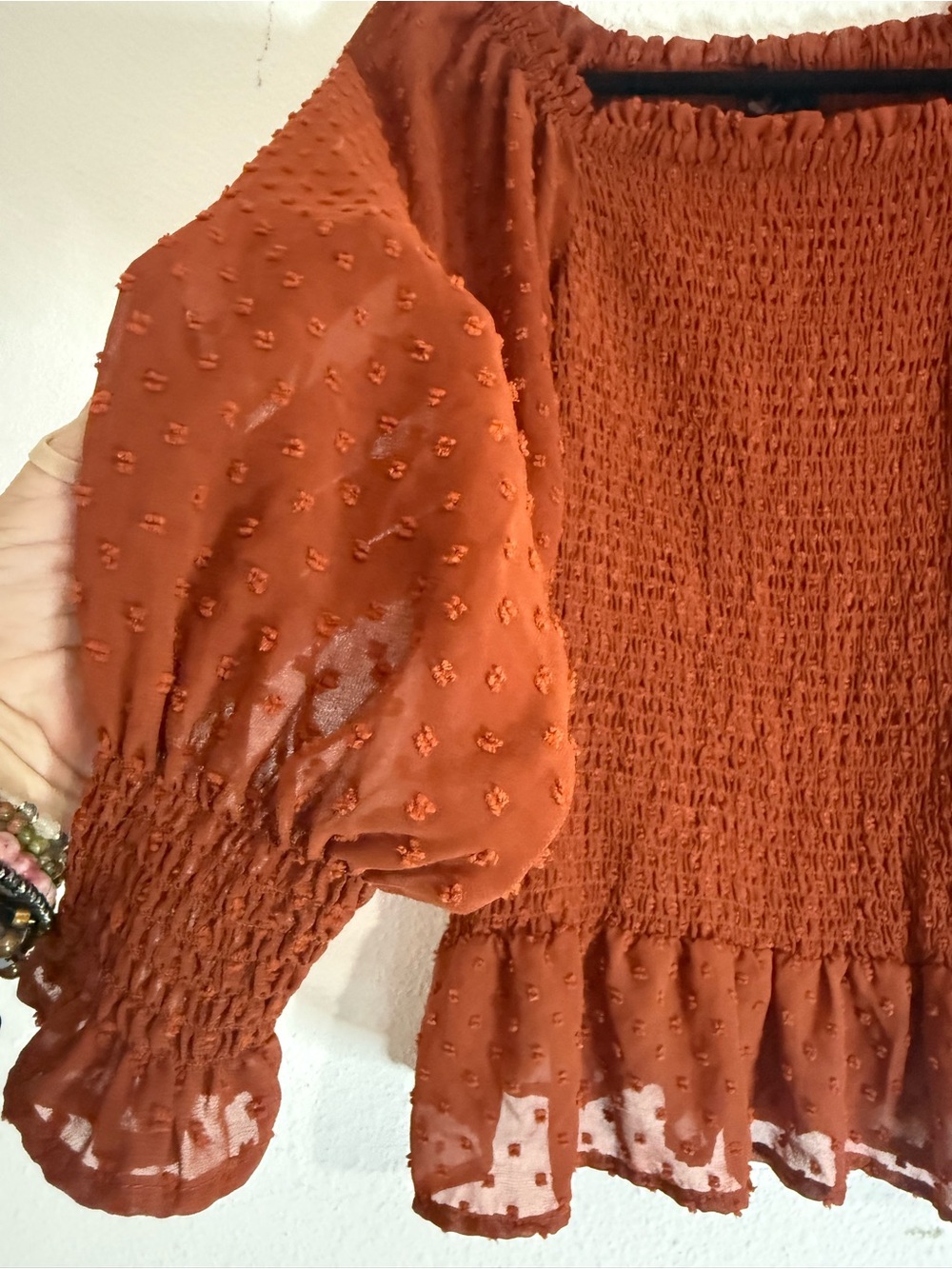 Indigo Poppy Rust Orange Smocked Swiss Dot Peasant Blouse Boho Top Size L - Picture 3 of 5